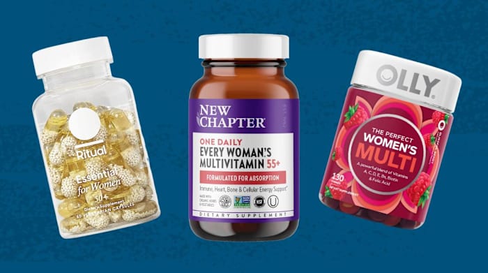 A blue background with three bottles of the best multivitamins for women over 50